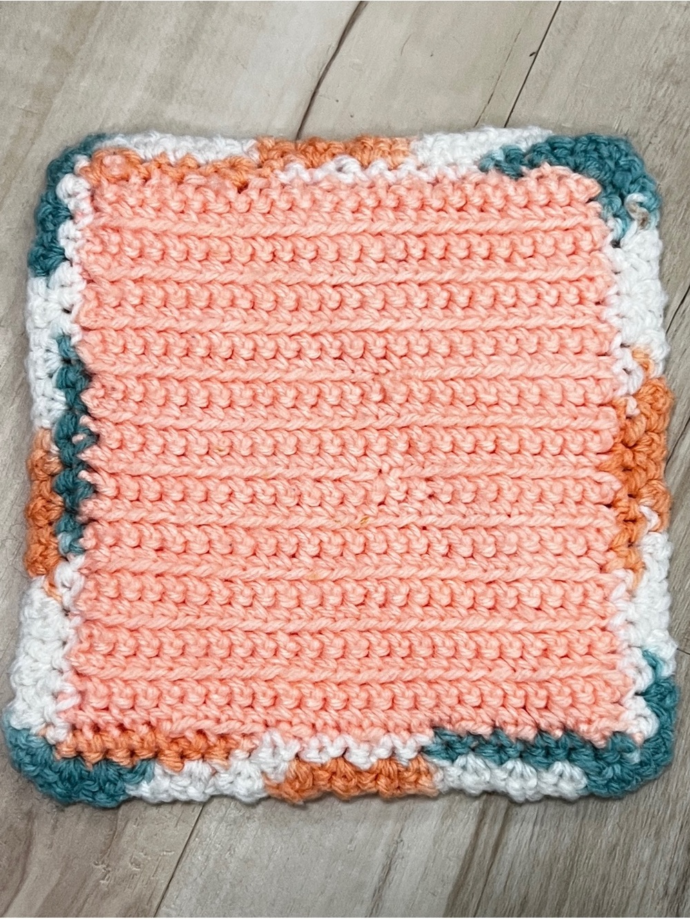 Handmade Crochet Potholder Hot Pad Peach Teal White Vintage Farmhouse Kitchen